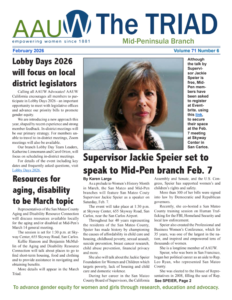 Page 1 of the February 2026 AAUW Mid-Peninsula Triad newsletter, featuring Supervisor Jackie Speier.